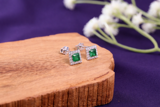 Emerald Glow Square Halo Stud Earrings in 925 Sterling Silver