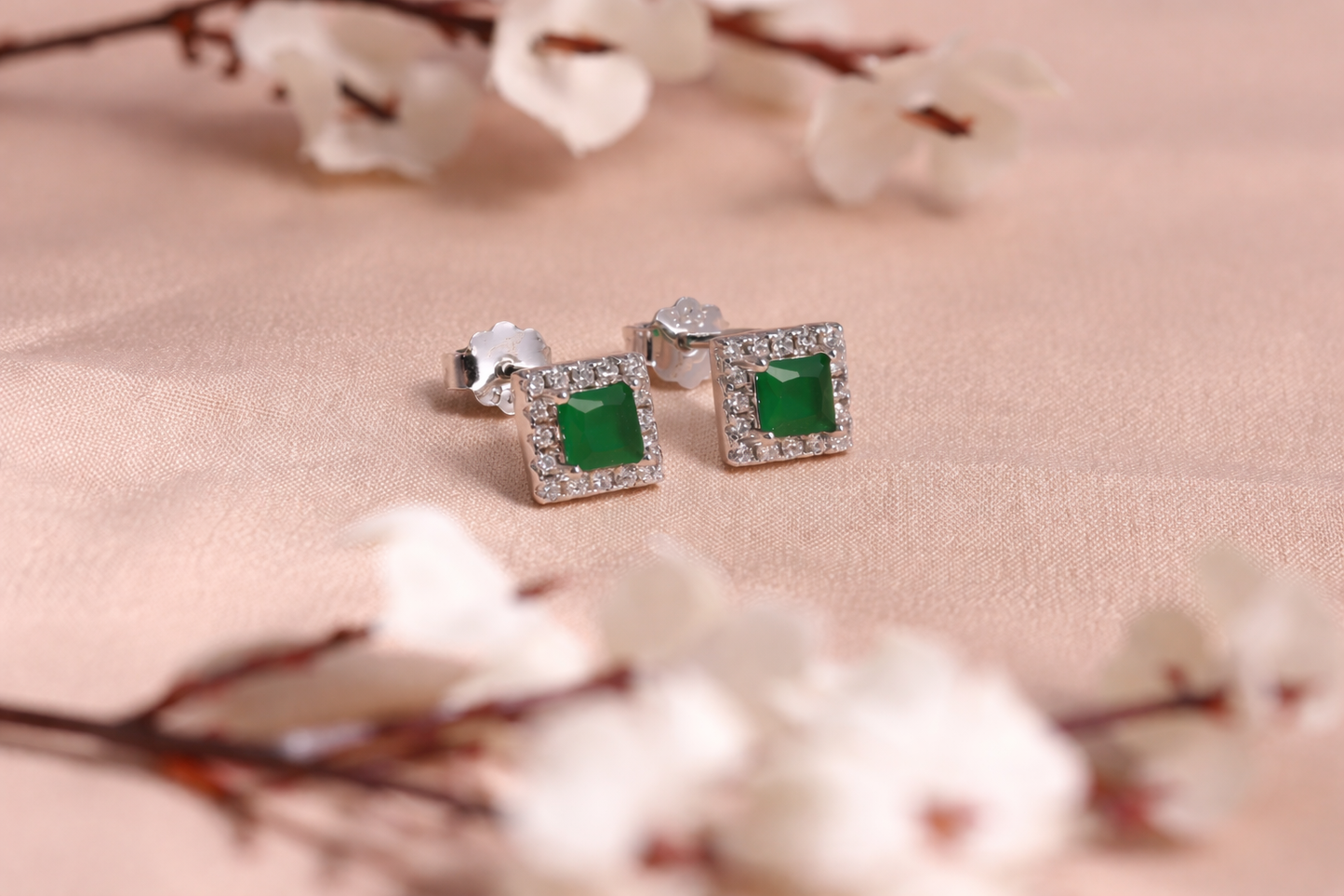 Emerald Glow Square Halo Stud Earrings in 925 Sterling Silver