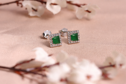 Emerald Glow Square Halo Stud Earrings in 925 Sterling Silver