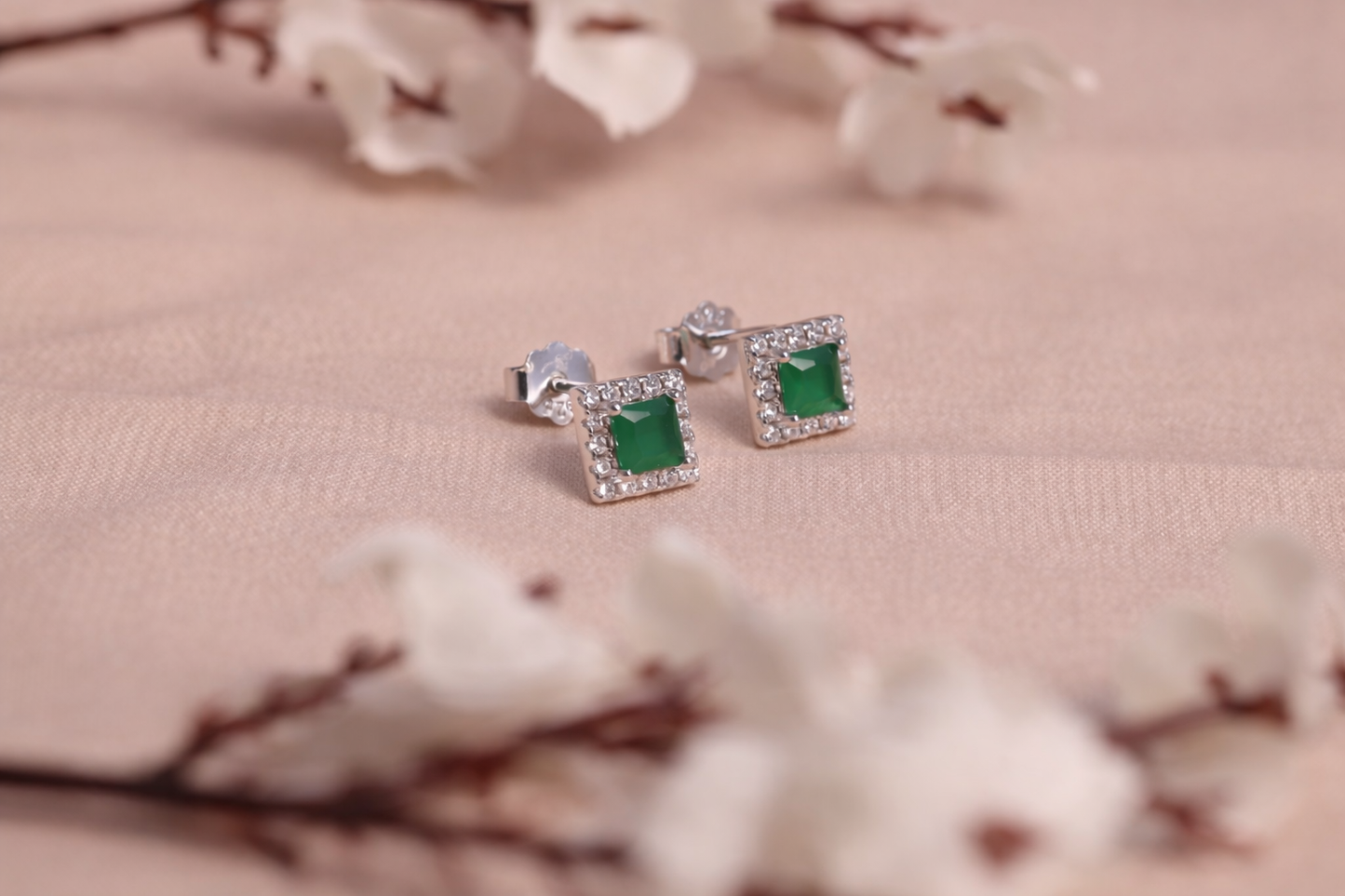 Emerald Glow Square Halo Stud Earrings in 925 Sterling Silver