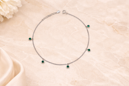 Emerald Green CZ Charm Anklet in 925 Sterling Silver
