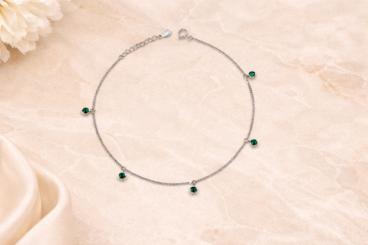 Emerald Green CZ Charm Anklet in 925 Sterling Silver
