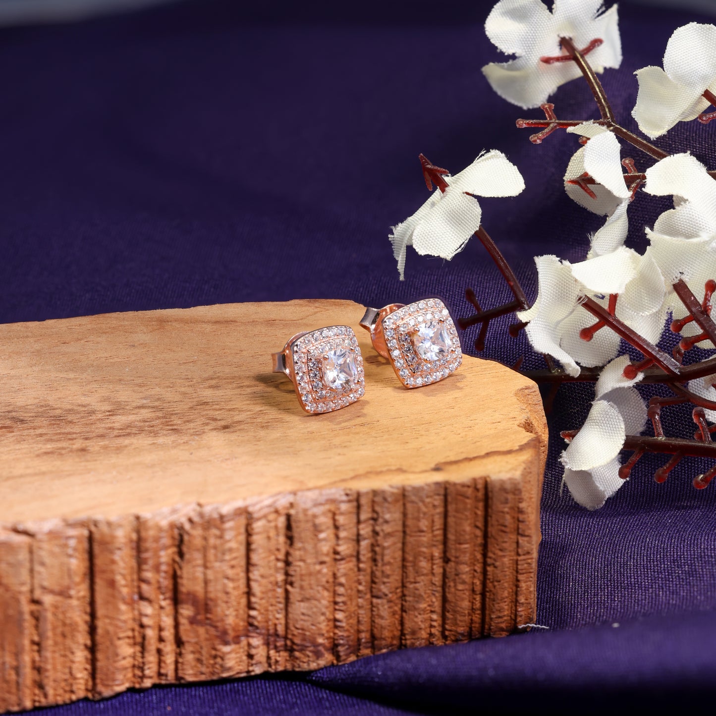 Cushion Cut CZ Halo Stud Earrings in Rose Gold-Plated 925 Sterling Silver