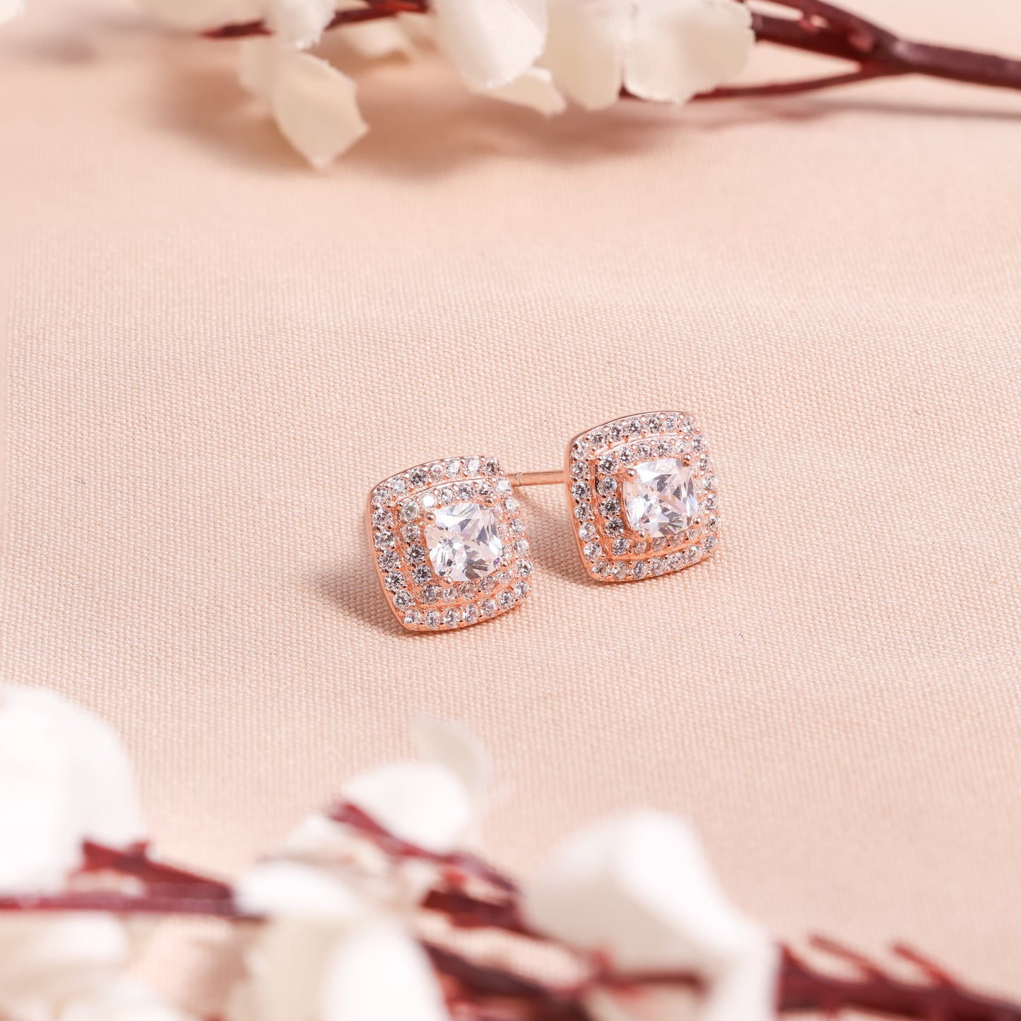 Cushion Cut CZ Halo Stud Earrings in Rose Gold-Plated 925 Sterling Silver