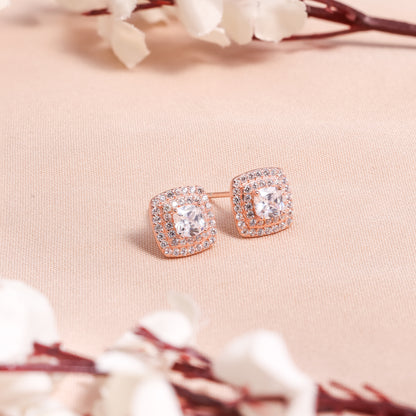 Cushion Cut CZ Halo Stud Earrings in Rose Gold-Plated 925 Sterling Silver
