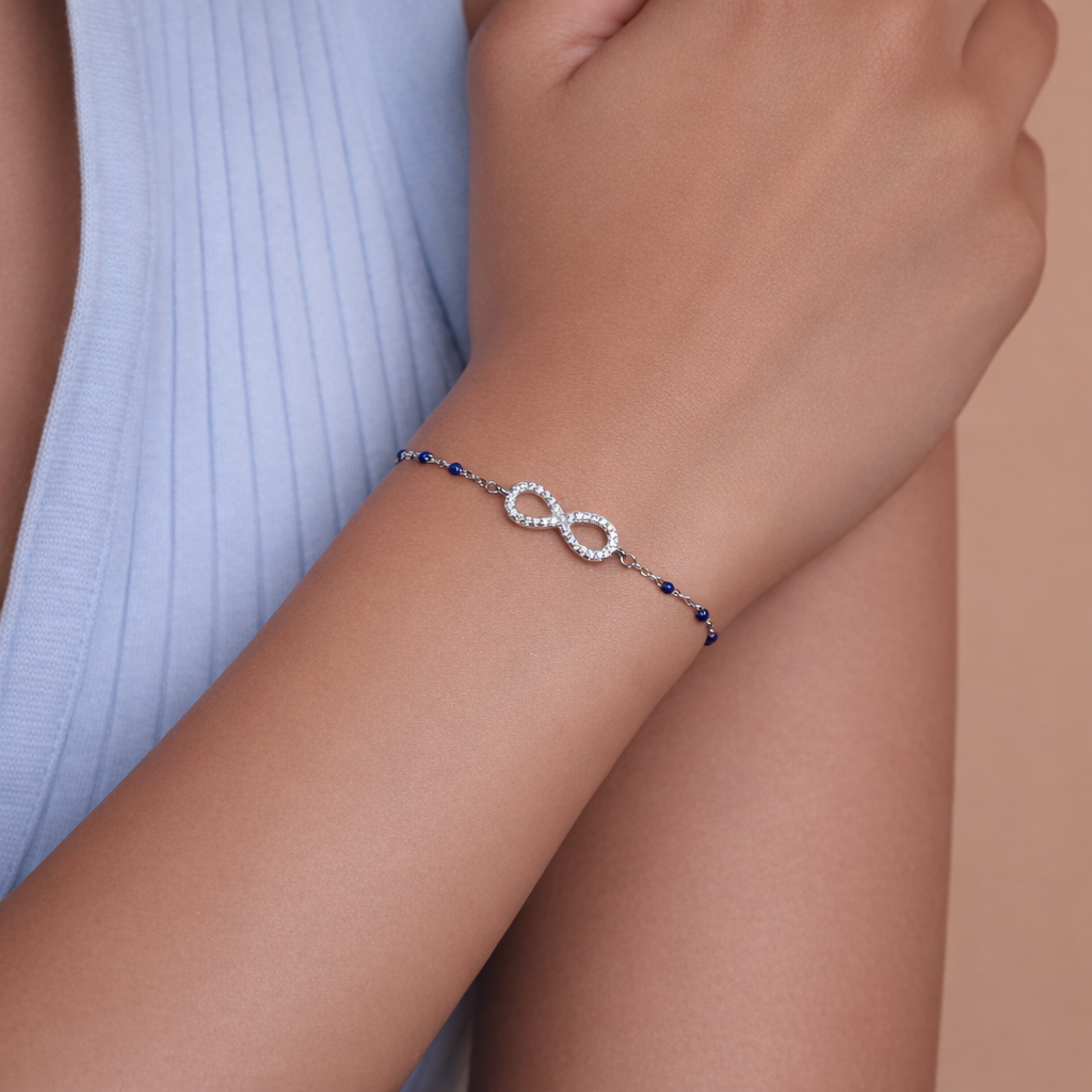 Infinity Charm Bracelet with Blue Beads