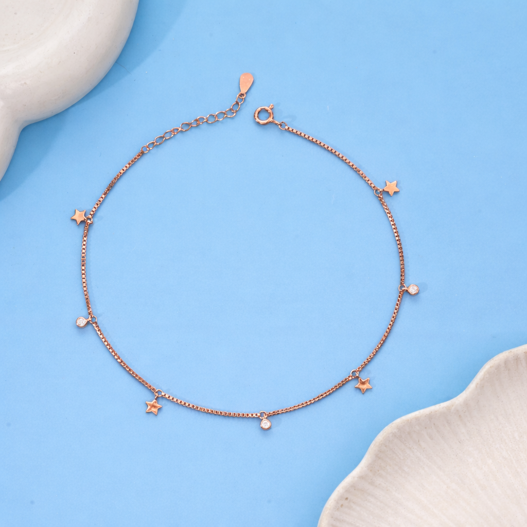 Rose Gold Star Charm Anklet in 925 Sterling Silver