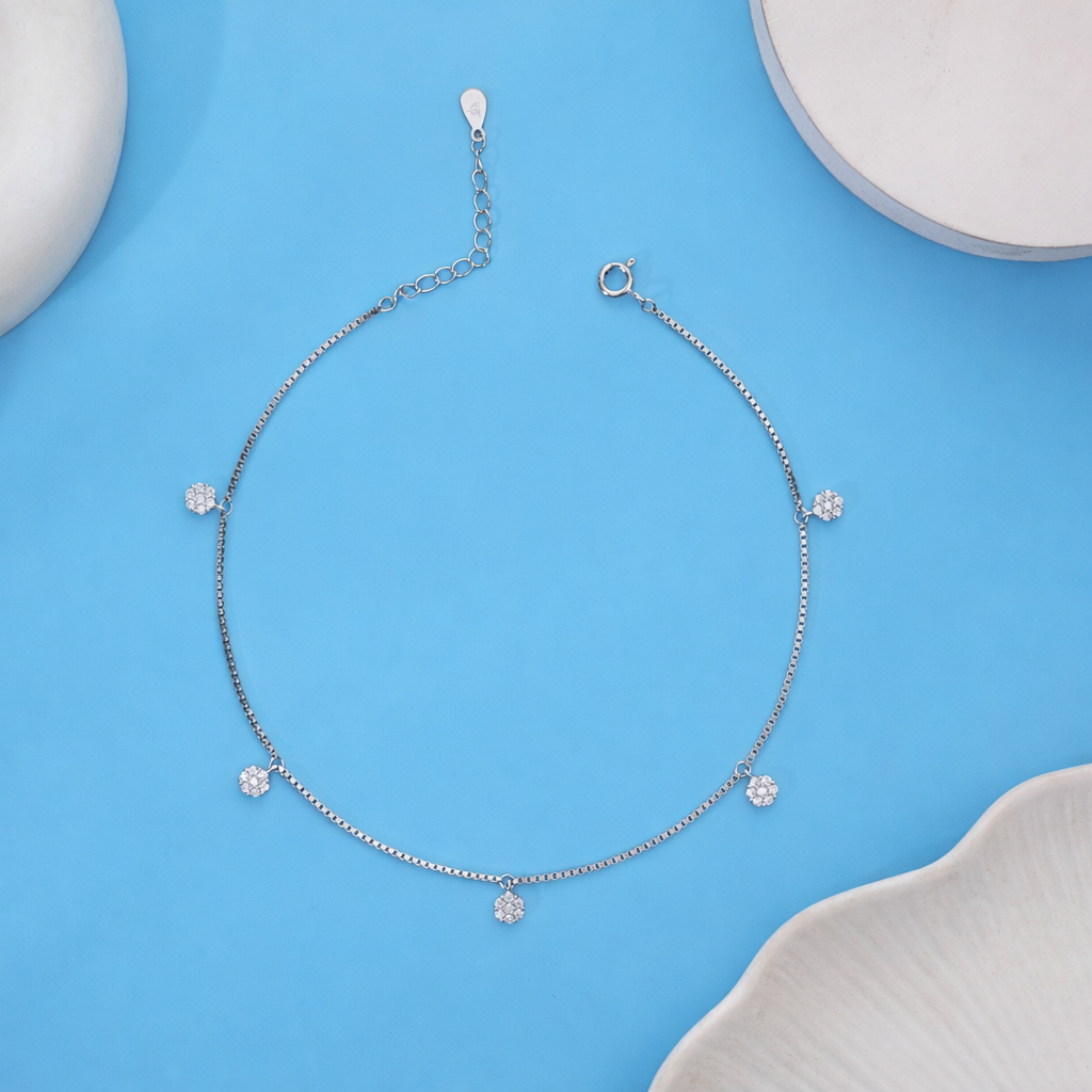 Celeste Floral CZ Charm Anklet in 925 Sterling Silver
