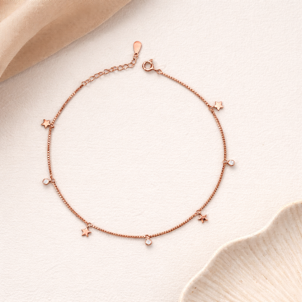 Rose Gold Star Charm Anklet in 925 Sterling Silver