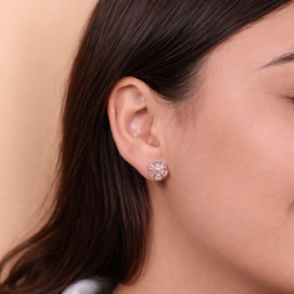 Rose Gold-Plated Floral Spark CZ Stud Earrings in 925 Sterling Silver