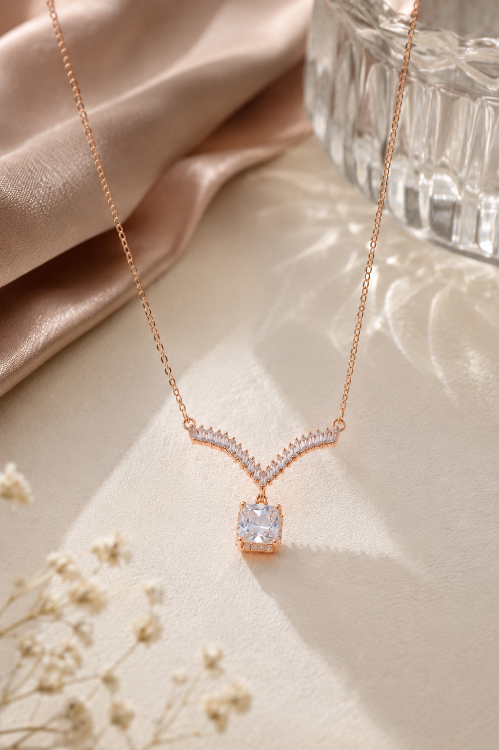 Rose Gold Aria Crystal Drop Necklace in 925 Sterling Silver