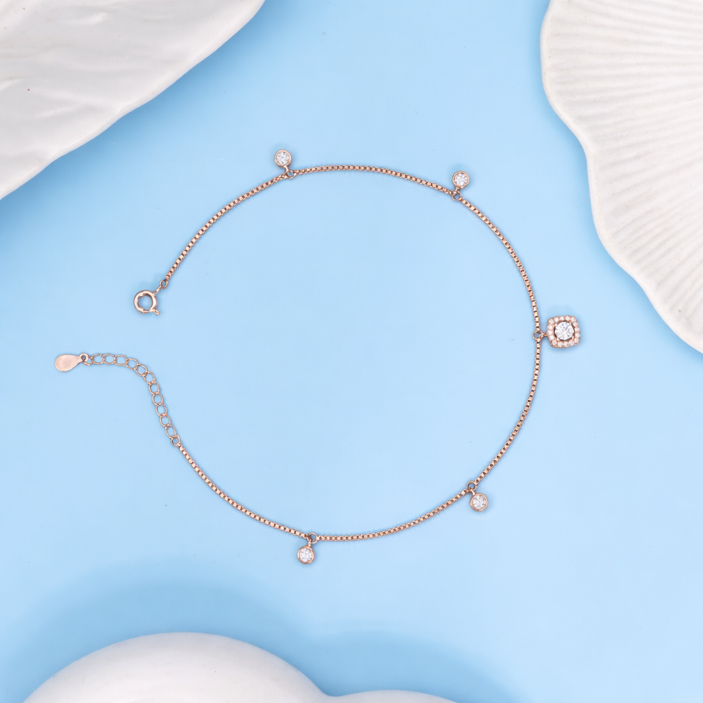 Rose Gold CZ Charm Anklet in 925 Sterling Silver