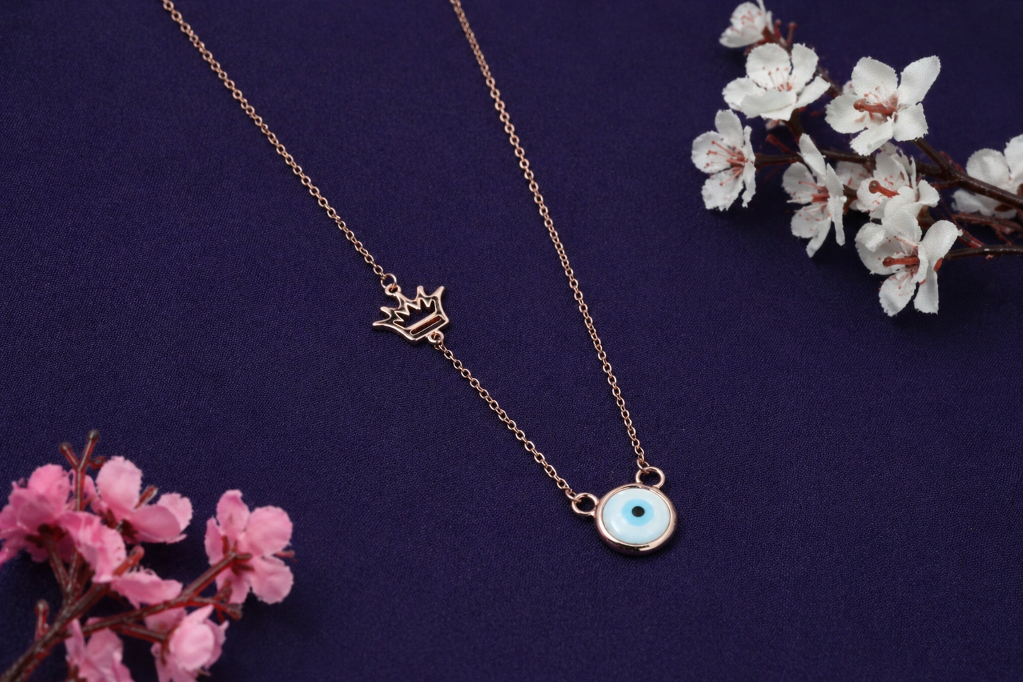 Rose Gold Evil Eye Crown Necklace in 925 Sterling Silver