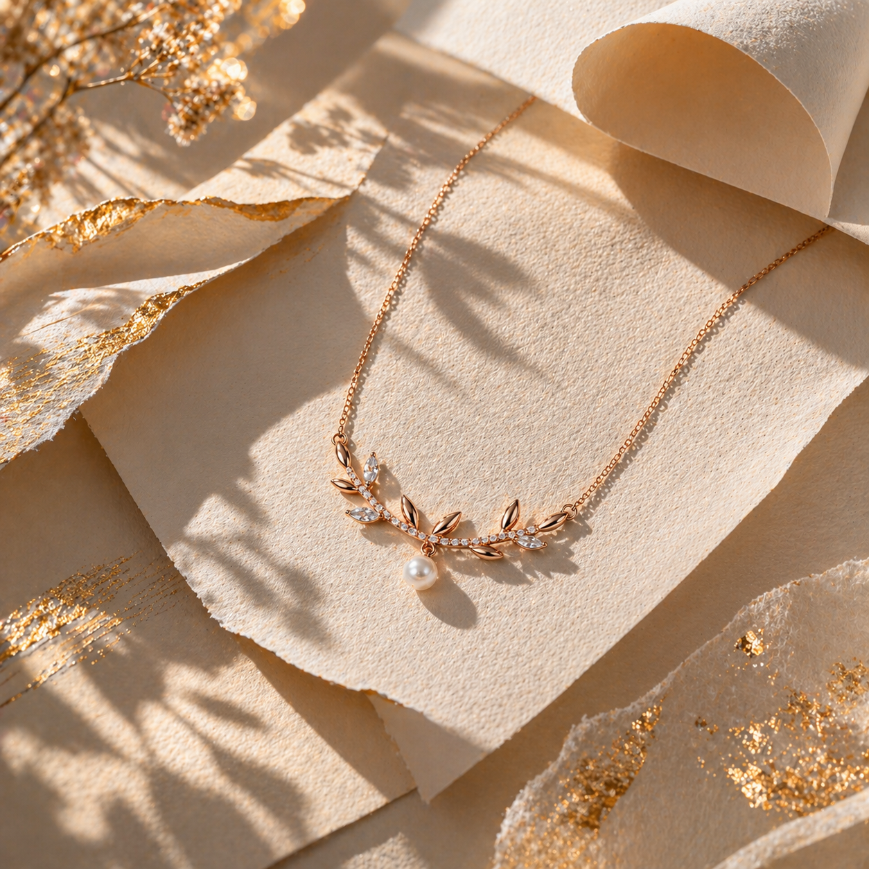 Rose Gold Pearl Vine Necklace in 925 Sterling Silver