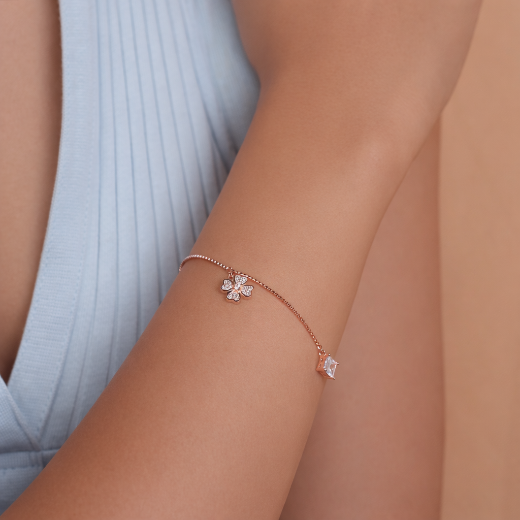 Rose Gold-Plated Floral Spark CZ Charm Bracelet in 925 Sterling Silver