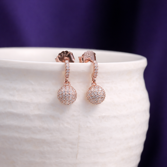 Rose Gold Textured Sphere CZ Drop Earrings