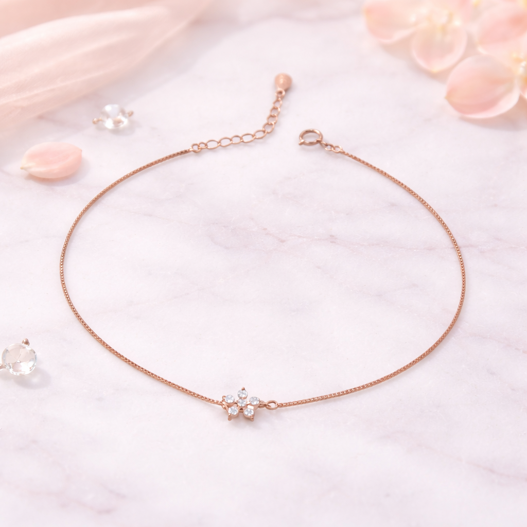 Rose Gold Petite Blossom CZ Anklet in 925 Sterling Silver