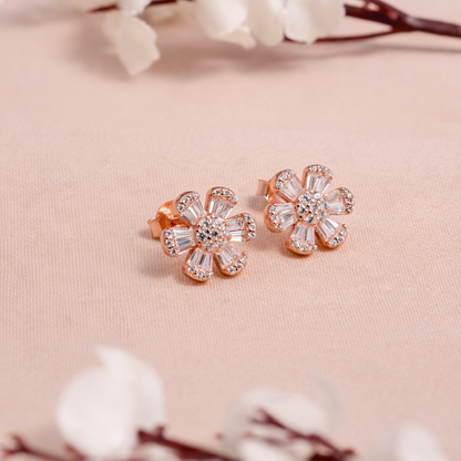 Rose Gold-Plated Floral Spark CZ Stud Earrings in 925 Sterling Silver