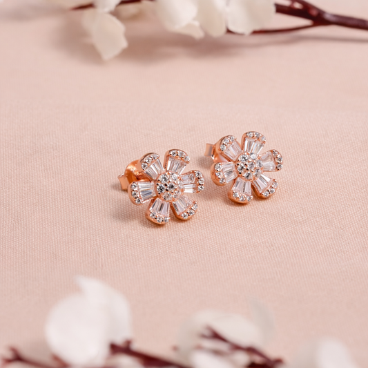 Rose Gold-Plated Floral Spark CZ Stud Earrings in 925 Sterling Silver