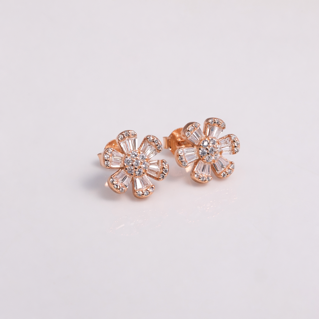Rose Gold-Plated Floral Spark CZ Stud Earrings in 925 Sterling Silver