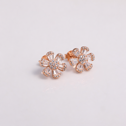 Rose Gold-Plated Floral Spark CZ Stud Earrings in 925 Sterling Silver