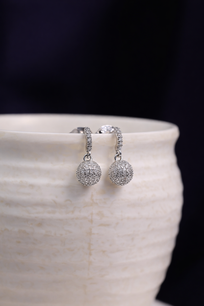 Silver Textured Sphere CZ Drop Earrings