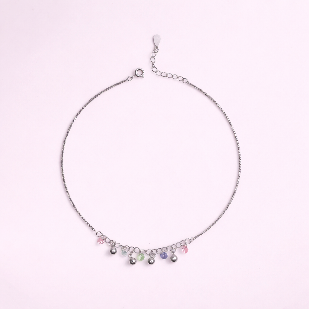 Dangling Bell Charm Anklet with Pink CZ Stones in 925 Sterling Silver