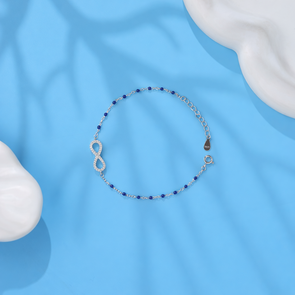 Infinity Charm Bracelet with Blue Beads