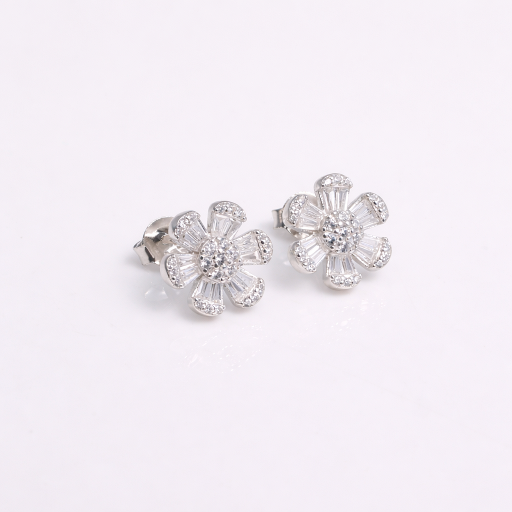 Floral Baguette CZ Stud Earrings in 925 Sterling Silver