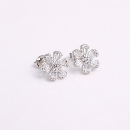 Floral Baguette CZ Stud Earrings in 925 Sterling Silver
