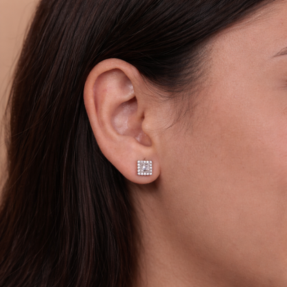 Square Halo CZ Stud Earrings in 925 Sterling Silver