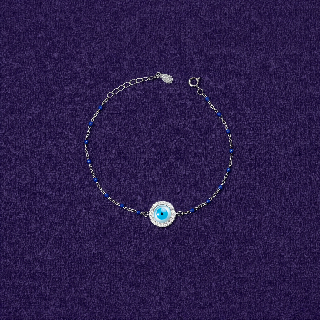 Sterling Silver Evil Eye Bracelet with Blue Beads