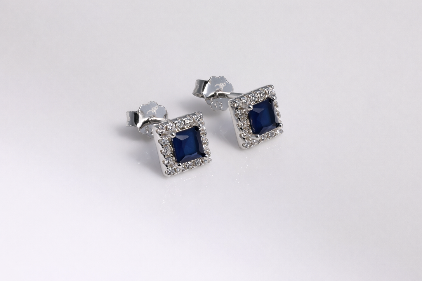 Blue Sapphire Square CZ Halo Stud Earrings