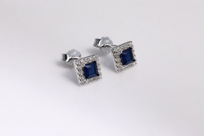 Blue Sapphire Square CZ Halo Stud Earrings
