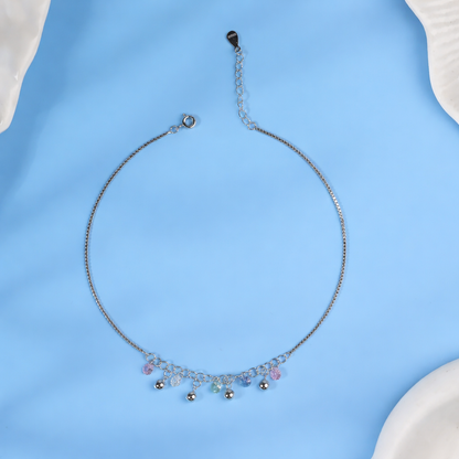 Dangling Bell Charm Anklet with Pink CZ Stones in 925 Sterling Silver