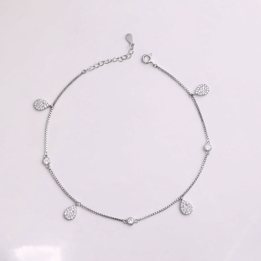 Teardrop CZ Charm Anklet in 925 Sterling Silver