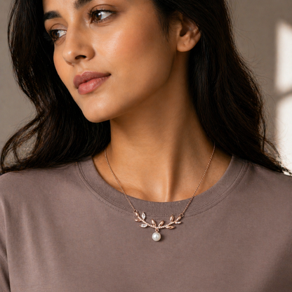 Rose Gold Pearl Vine Necklace in 925 Sterling Silver