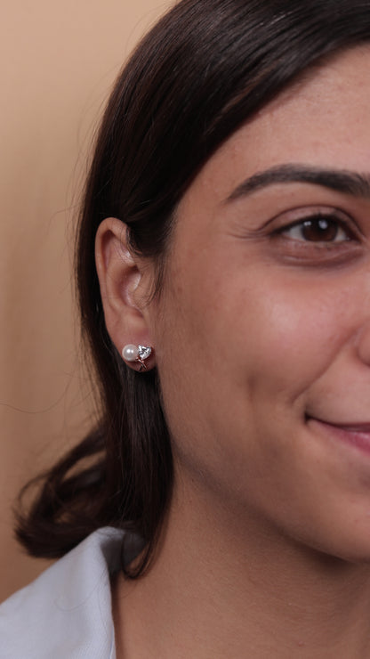 Pearl and CZ Dual Stone Stud Earrings in 925 Sterling Silver