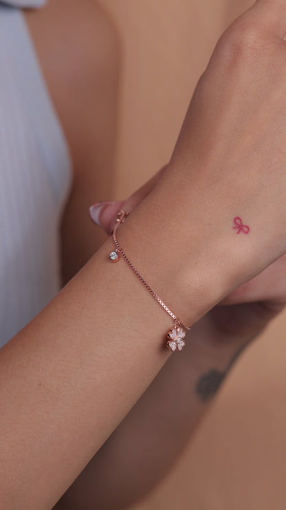 Rose Gold-Plated Floral Spark CZ Charm Bracelet in 925 Sterling Silver