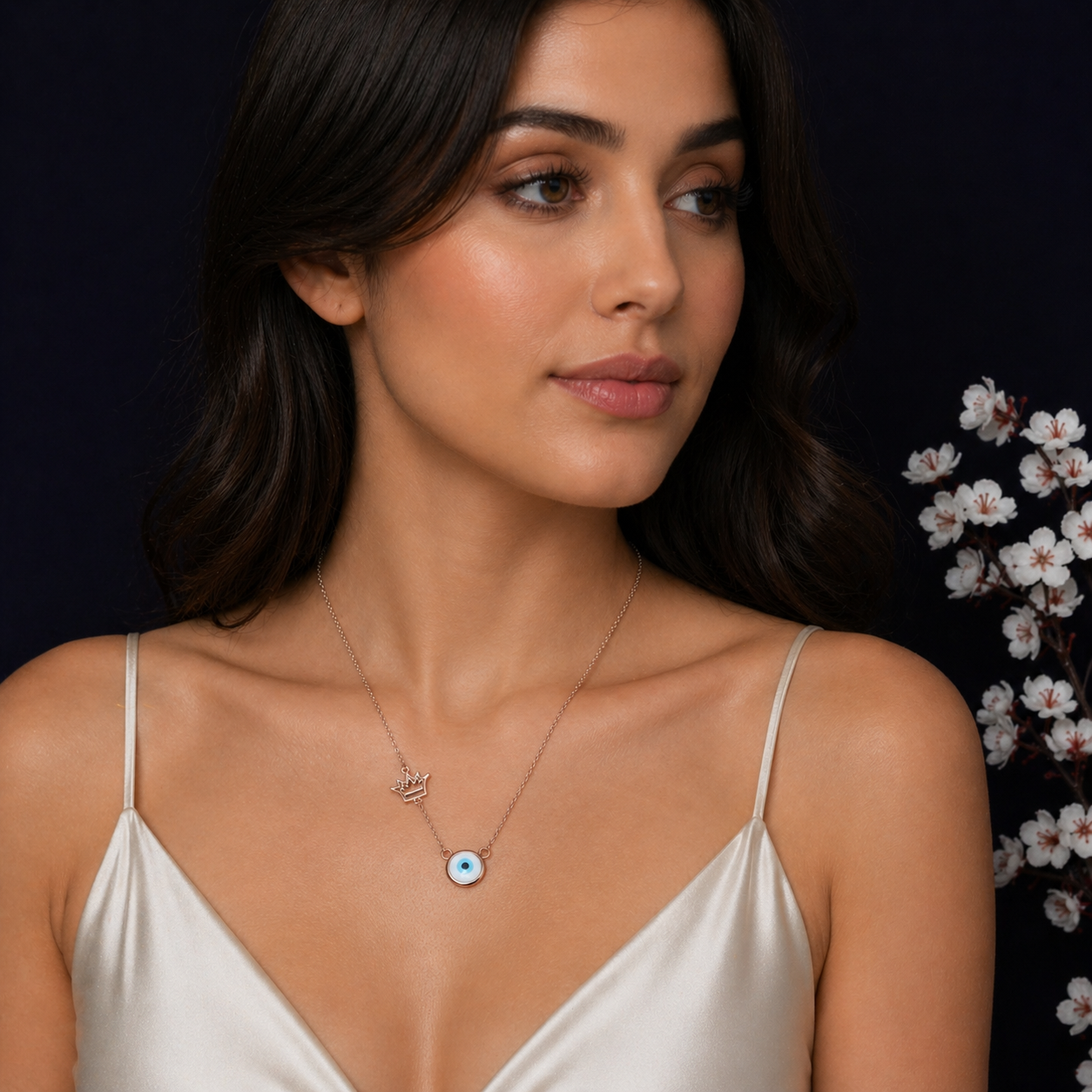 Rose Gold Evil Eye Crown Necklace in 925 Sterling Silver