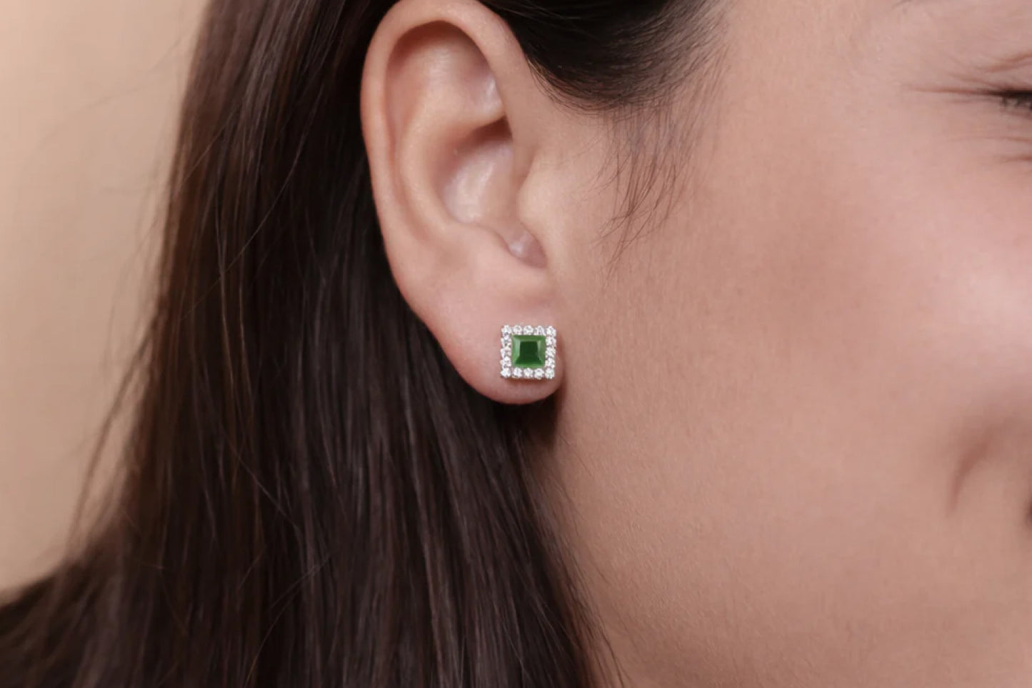 Emerald Glow Square Halo Stud Earrings in 925 Sterling Silver